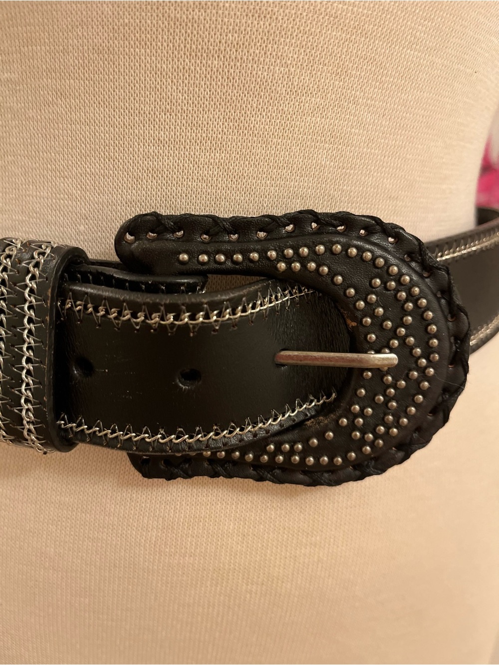 Another Line Studded Black Leather Women's Belt with Decorative Stitching - S
